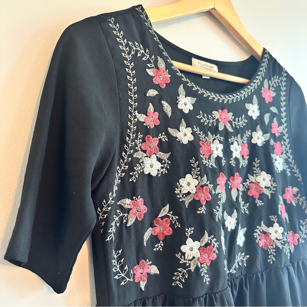 Polagram Black Midi Sundress with Pink Floral Embroidery, Women’s, Size Small